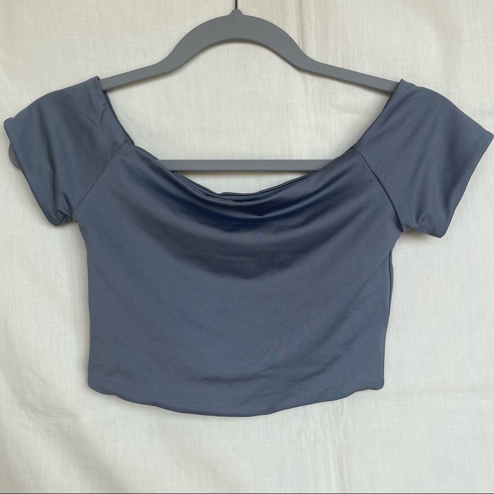 Gray Off the Shoulder Crop Top - Picture 3 of 14